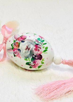 White Bunny Easter Egg and Stand, Ukrainian Pysanka