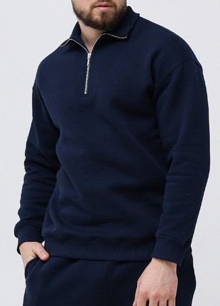 Quarter-Zip cotton Sweater with fleece | Soft Pullover with collar | Dark blue color | Made in Ukraine | Rebellis