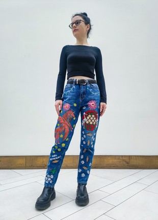 Hand-painted jeans MOM with Maria Primachenko's paintings