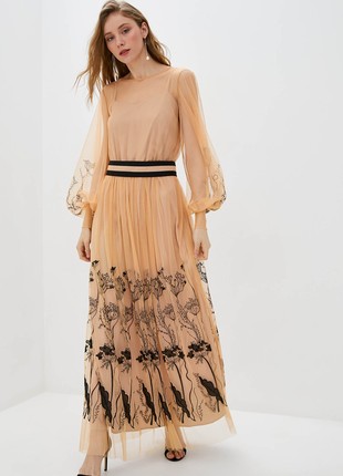 Beige double maxi dress with embroidery