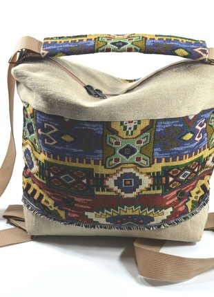 Women's bag-backpack linen/tapestry "KOSTRYTSYA" handmade.2 photo