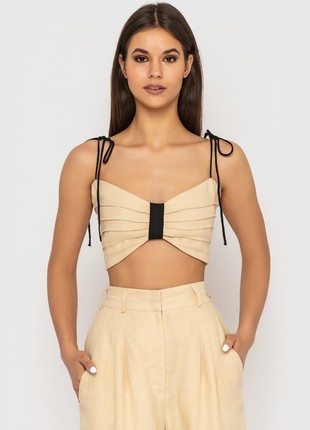 Beige linen top with pleats on the straps