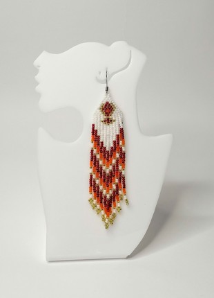 Red and White Beaded Fringe Earrings • handmade dangling jewelry1 photo