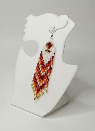 Red and White Beaded Fringe Earrings • handmade dangling jewelry2 photo
