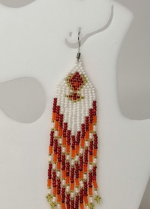 Red and White Beaded Fringe Earrings • handmade dangling jewelry3 photo