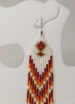 Red and White Beaded Fringe Earrings • handmade dangling jewelry4 photo