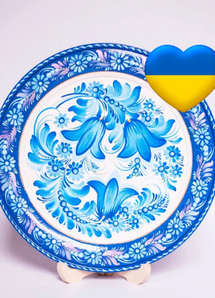 Petrykivka Blue Lily Floral Decorative Wooden Plate Hand Painted