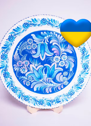 Petrykivka Blue and White Flowers Decorative Wooden Plate Hand Painted