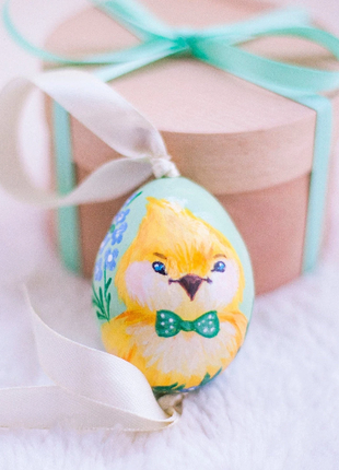Chick (green bow-tie) Easter Egg and Stand, Ukrainian Pysanka