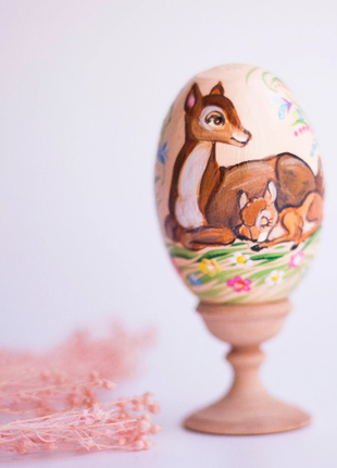 Bambi and Mom Easter Egg and Stand, Ukrainian Pysanka4 photo