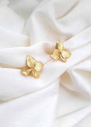 Real Hydrangea flower earrings electroformed copper with pure gold.5 photo