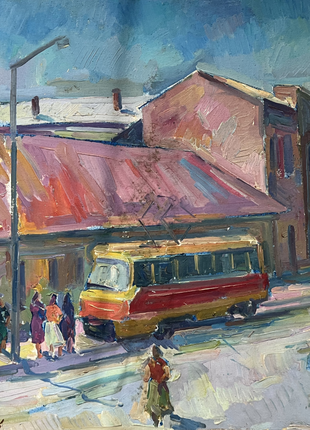 Abstract oil painting bus stop Peter Tovpev nDobr803