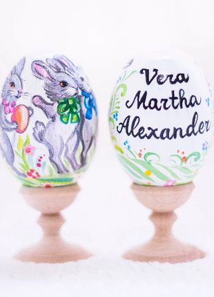 Bunny Easter Egg and Stand, Ukrainian Pysanka, Gift for Easter, First Easter Gift with Name
