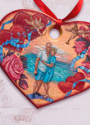 Personalized Couple Portrait on wooden heart, Anniversary Gift