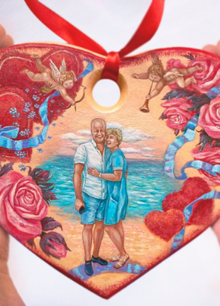 Personalized Couple Portrait on wooden heart, Anniversary Gift3 photo