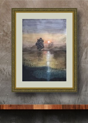 Sunrise on a watercolor painting over a morning lake. Nature painting.