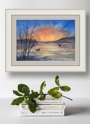Sunrise over the lake.. Watercolor painting of a lake with fishermen.
