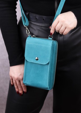 Crazy Horse Leather Crossbody Bag Wallet/ Women's Smartphone Clutch/ 1037 - Turquoise