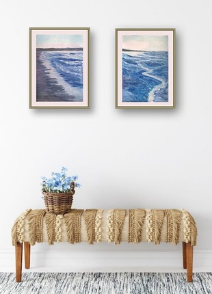 Watercolor landscape with sea waves. A set of two pictures