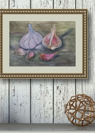 Still life with garlic watercolor. Painting for the kitchen
