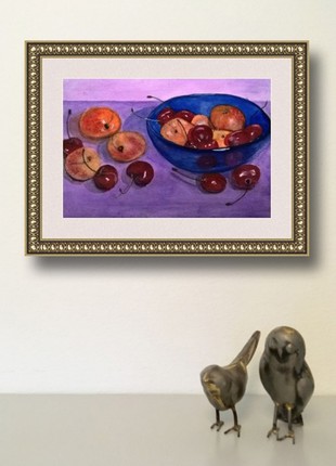 Watercolor still life with peaches and cherries. Painting with fruits
