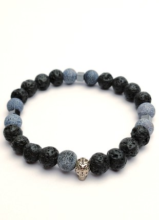 Bracelet with natural stones and silver charm "Skull" for men