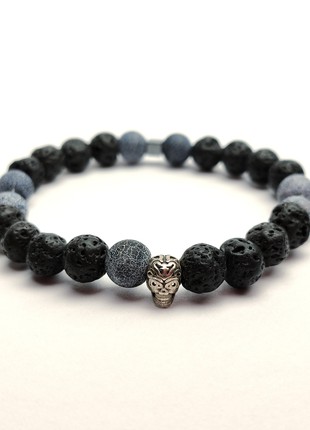 Bracelet with natural stones and silver charm "Skull" for men2 photo