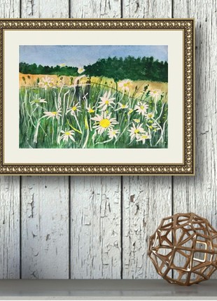 Summer landscape with a field of daisies in a watercolor painting