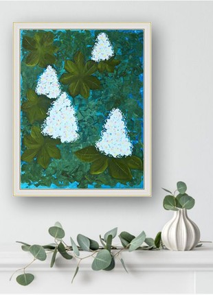 Painting of a blossoming chestnut tree. Original oil painting