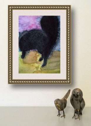 Portrait of a black fluffy cat. Original watercolor painting with a cat.
