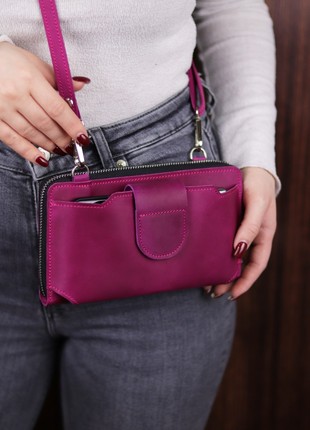 Leather crossbody wallet for smartphone/ Womens shoulder bag / 1044 - Pink