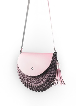Pink Crochet Round Bag with Leather Flap