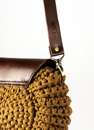 Brown Crochet Round Bag with Leather Flap3 photo