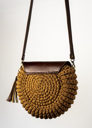 Brown Crochet Round Bag with Leather Flap2 photo