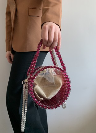 Transparent round bag with burgundy beads3 photo