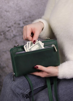 Leather small crossbody purse for smartphone/ Womens zipper bag/ 1044 - Green4 photo