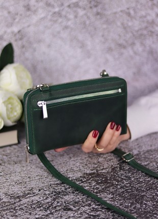 Leather small crossbody purse for smartphone/ Womens zipper bag/ 1044 - Green6 photo