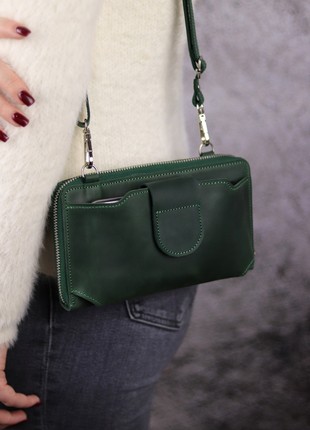 Leather small crossbody purse for smartphone/ Womens zipper bag/ 1044 - Green1 photo