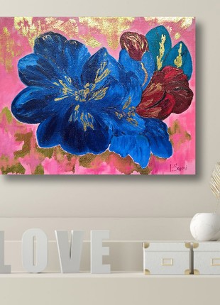 Flower oil painting. Copper and gold leaf on a painting. Wall art