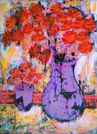 Red rose flower painting ukrainian art still life with flowers abstract art rose original painting