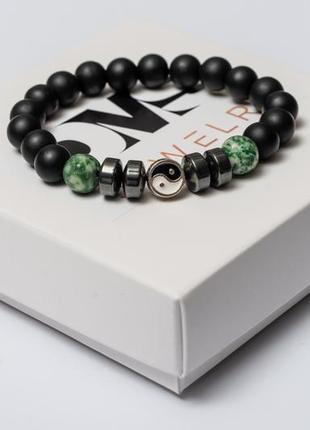 Shungite, agate, hematite bracelet for men or women, green agate yin yan2 photo