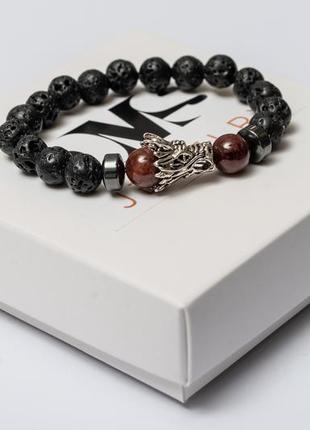 Lava stone, garnet, hematite bracelet for men or women, red dragon2 photo