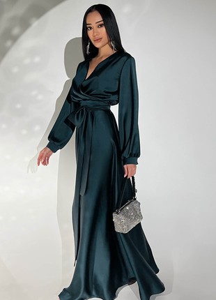 Exquisite evening dress made of artificial silk in emerald color2 photo