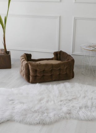 Small personalized light brown bolster dog bed, washable (XS)