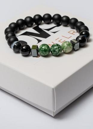 Shungite, agate, hematite bracelet for men or women, black and green agate2 photo