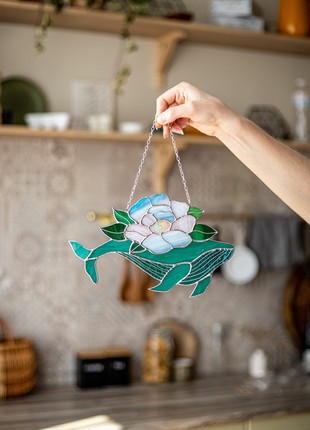 Whale with flowers Suncatcher Stained Glass Decor Turquoise Home House Window Wall Hangings6 photo