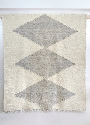 Handwoven Wool carpet, rug with gray rhombus