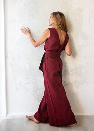 Red linen jumpsuit, Boho wide leg maxi overalls, Summer romper for women2 photo