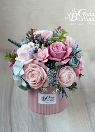 Luxurious interior bouquet of soap roses in a designer box