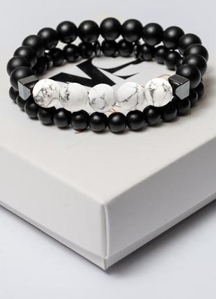 Shungite, cacholong, hematite double bracelet for men or women, men's white style2 photo
